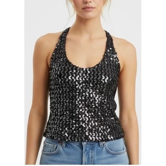 VTG Sparkly Sequin Halter Top M Sleeveless Glittery Party Night Club Disco Y2K - Picture 4 of 15